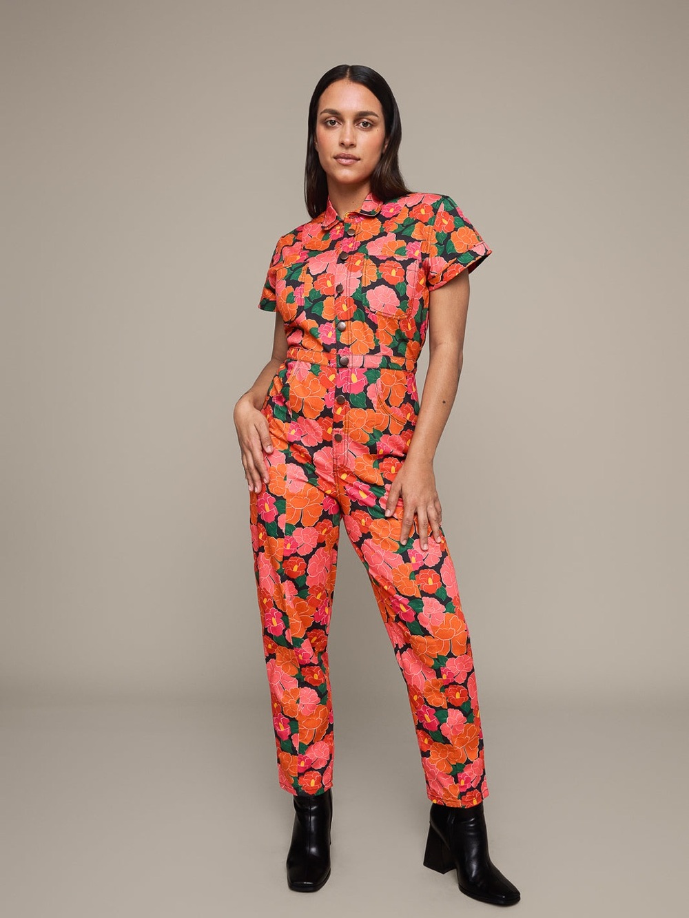 Women's Short-Sleeve Floral Jumpsuit in Orange & Pink - Picture 2 of 6
